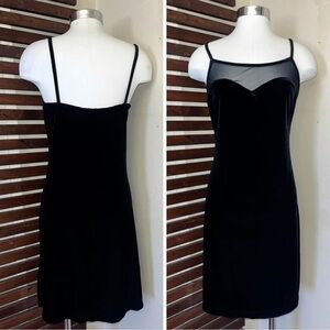 1990s 90s Vintage No Boundaries Black Sheer Mesh & Velour Spaghetti Strap Dress